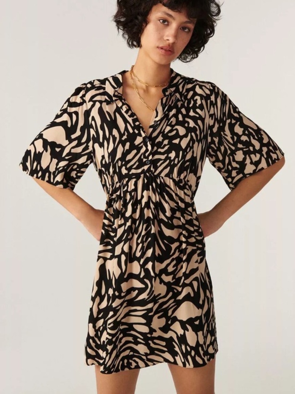 BA&SH Viscose Groove‎ Mini Dress Black and Cream Abstract Print Size M